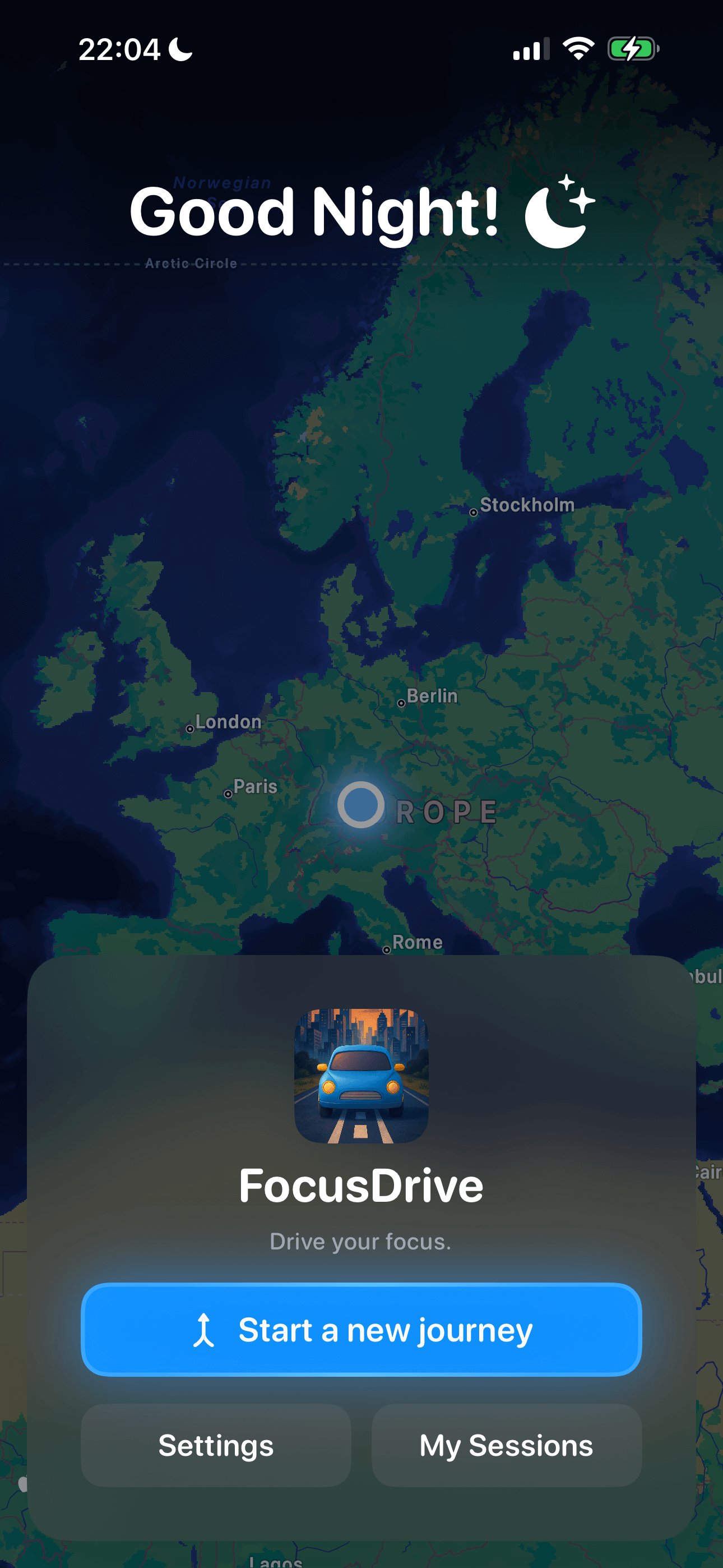 FocusDrive app home screen showing main menu and navigation interface